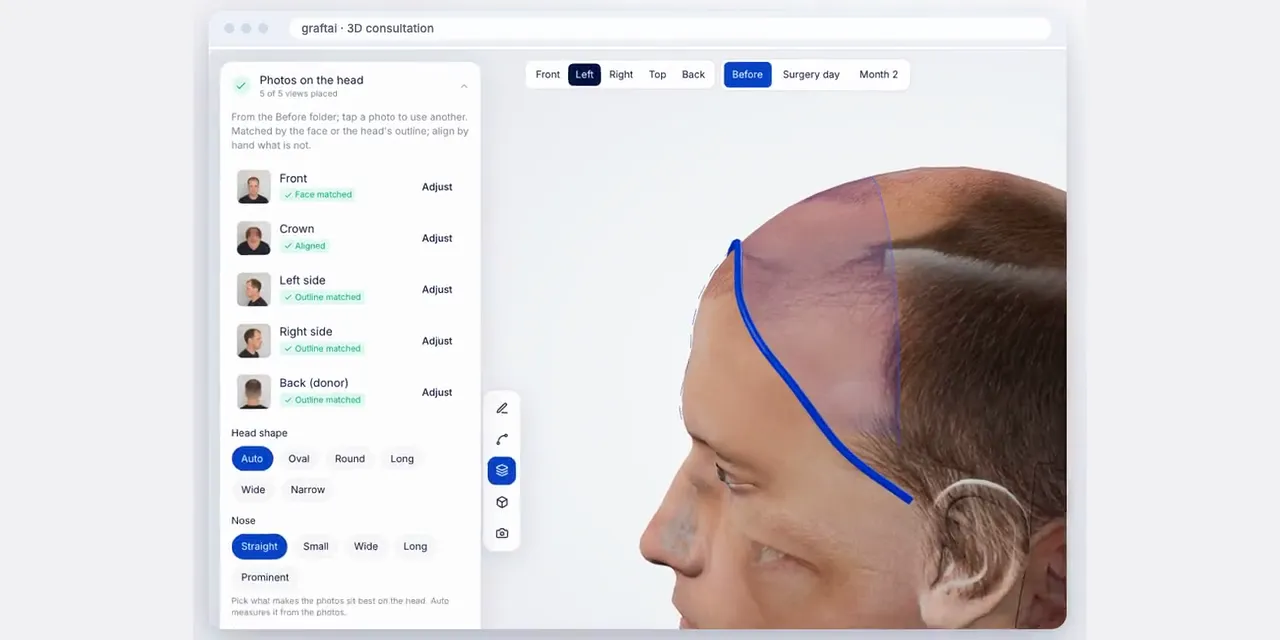 Patient photos projected onto a 3D head in the consultation